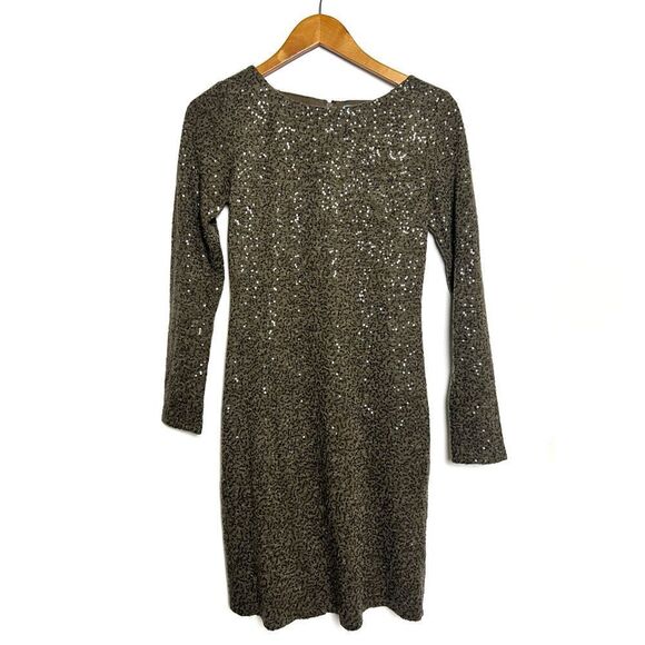 ALICE + OLIVIA OLIVE & GRAY SEQUIN EMBELLISHED SHEER PANEL BODYCON EVENING DRESS - Picture 3 of 8